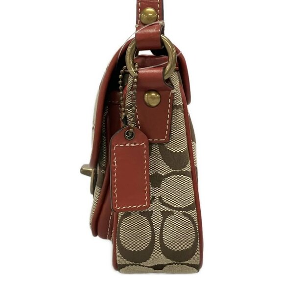 Auth COACH Signature Cricket Shoulder Bag 10566S Khaki Red Jacquard Leather - Picture 5 of 16